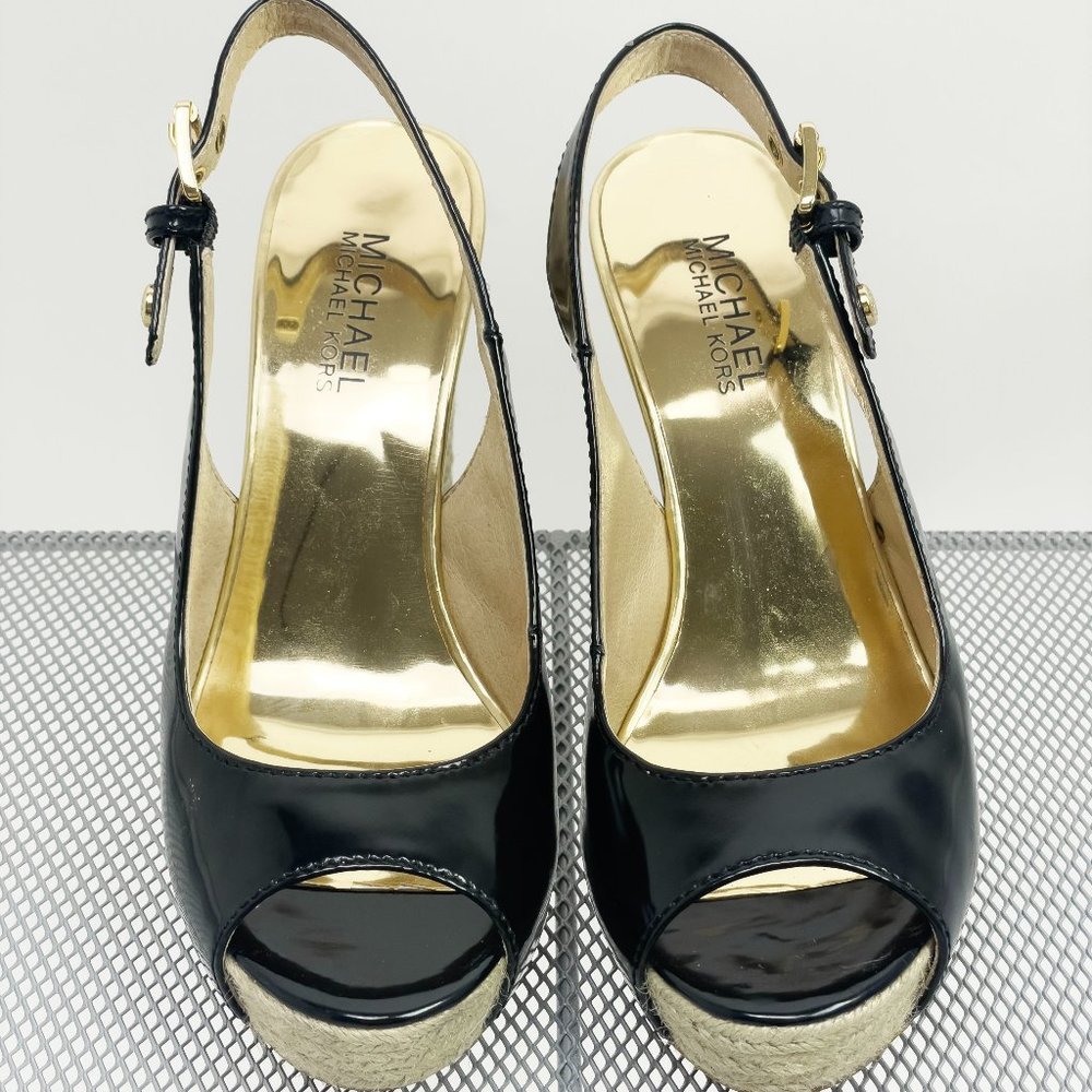 Michael Kors Black Gold Open Toe Canvas Heel Size 7